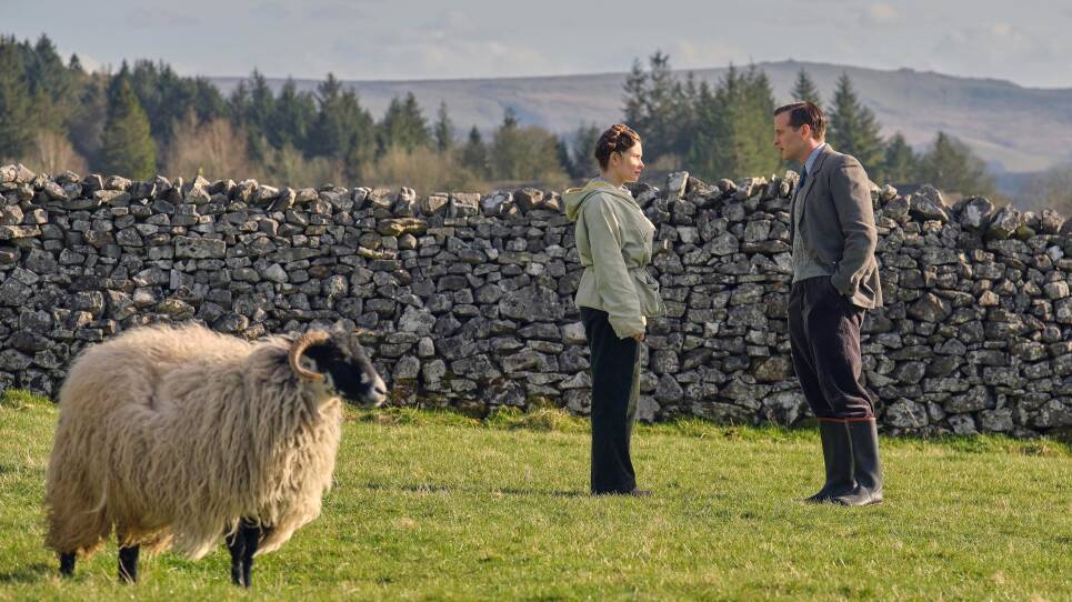 A man and woman have a serious conversation, watched by a sheep