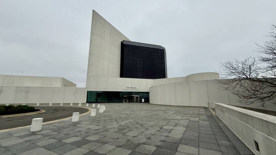 Wide shot of the front entrance to the JFK Library and Museum in Boston.