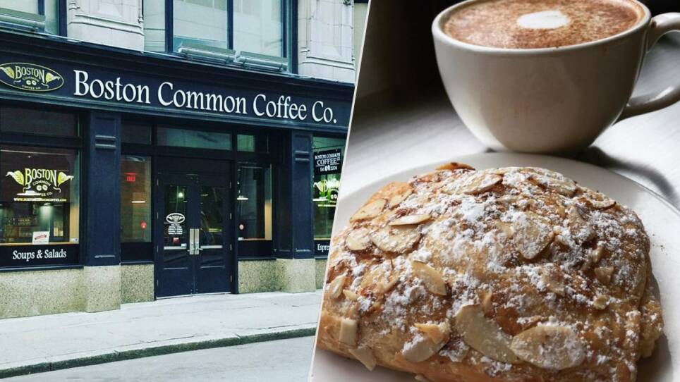 Exterior of Boston Common Coffee Co. (left) and an Almond Croissant and Coffee (right)