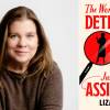 Author Liza Tully, wearing a brown sweater and a slight smile, is juxtaposed by the cover of her book, "The World's Greatest Detective and Her Just Okay Assistant," which features two magnifying glasses with silhouettes of two women against red backdrops.