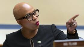 A woman in a black jacket and glasses points her finger as she speaks inside a hearing room.