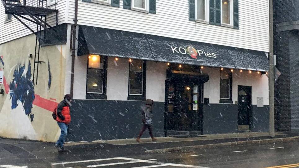 The exterior of KO Pies in South Boston on a cold New England day.