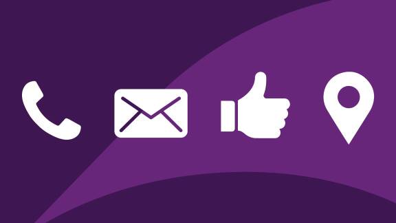 A purple graphic showing the following icons: telephone, letter, thumbs up and a location pin