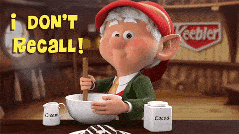 An animated elf stirs a bowl with the caption "i don't recall!