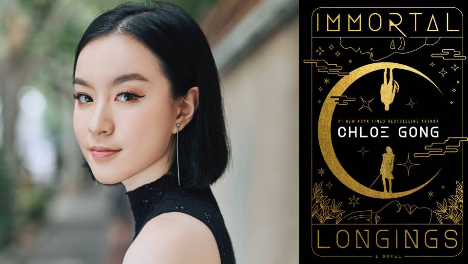 On the left is a headshot of author Chloe Gong, she is standing in profile. She turns her head to the left and looks directly into the camera. She has straight, chin-length black hair. She is wearing a black, sleeveless top. to the right is the book cover to her new book, "Immortal Longings." The cover is black with gold writing and artwork. In the center of the book cover is a gold crescent moon with the silhouette of a girl standing in the bottom of the moon's curve and above is an upside down silhouette of a man, he's hanging from the top curve of the moon.