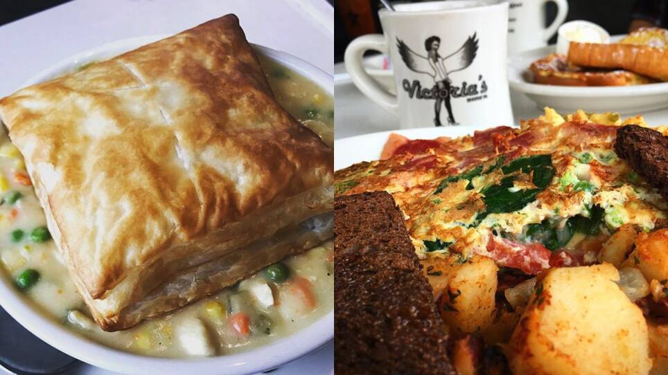 left: Chicken Pot Pie   right: A hearty Omelette with Homefries and Toast