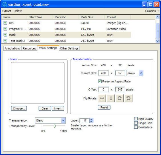 The Show Movie Properties dialog with the Transparency Level slider set at 50%.