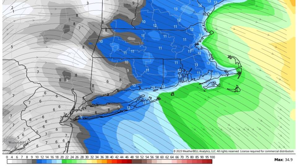 A map of Massachusetts showing expected high temperatures on Saturday afternoon, all in the 11 to 13 degree range, save for 26 degrees in Provincetown.