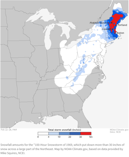 A map of the eastern United States showing a large amount of snowfall over New England.