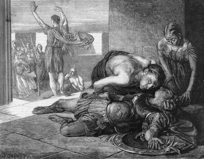 A black-and-white engraving shows a man in ancient Grecian clothing collapsed on the floor next to two other people who are checking to see if he is still alive.
