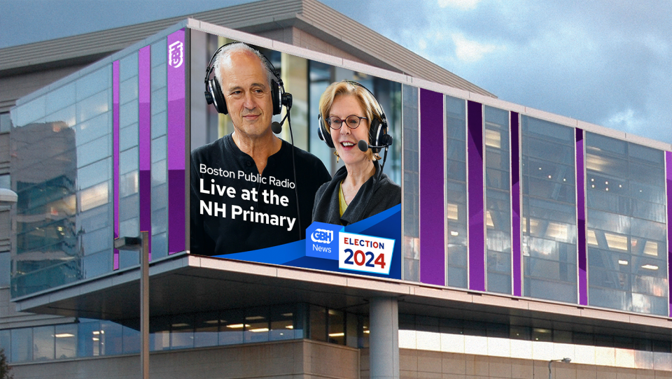 Photo of Jim and Margery; Text: Boston Public Radio; Live at the NH Primary; GBH News; Election 2024