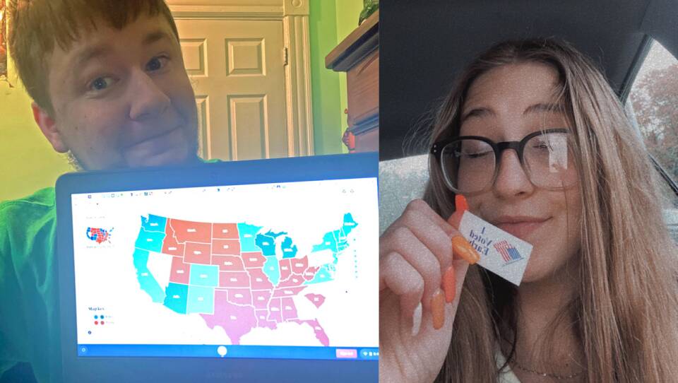 In the left image, a young man hold up his laptop screen, showing an electoral map of the US; In the right image, a young woman hold up an "I Voted Early" sticker