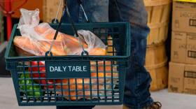 A person holds a grocery store basket with multicolored produce.