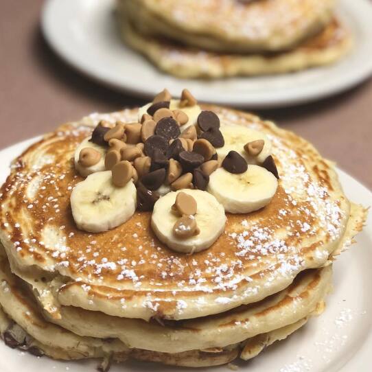 Banana Peanut Butter Chocolate Chip Pancakes at The Broadway in Worcester, MA.