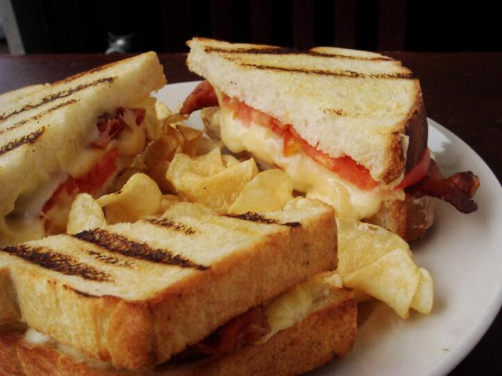 A bacon-topped grilled cheese sandwich at the Parish Cafe.