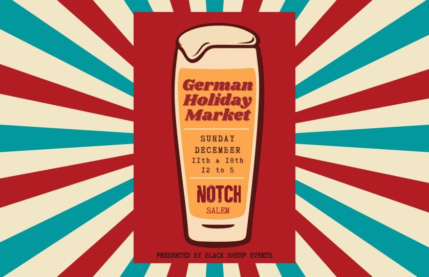 This is a poster for a winter festival. The background of the poster is radial lines in red, white and blue. In the center of the poster is an illustration of a pint of beer, with the words "German Holiday Market," written on it.