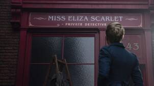 Shown: Kate Phillips as Eliza Scarlet looks at her new office sign which reads "Miss Eliza Scarlet: Private Detective"