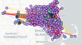 A map of Massachusetts with different-colored circles and lines spread out across the state, marking the locations of different organizations.