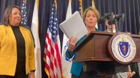 A woman standing at a podium in front of American and Massachusetts flags holds up a thick stack of papers.