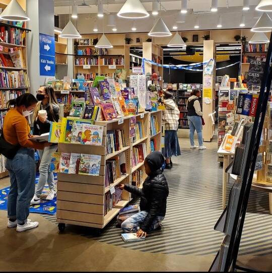 This is a photograph of the interior of an independent book store. A kids sings on the floor, looking through the books on the bottom shelf of a bookcase. In the background two people are looking at book displays. To the kid's left are two adults. One is looking through a book, the other is walking toward a book shelf.