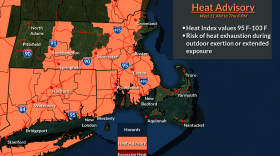 A National Weather Service Map of Massachusetts, Rhode Island, and Connecticut showing almost the whole region under a heat advisory, with the exception of the Cape and islands and parts of central and western Massachusetts. Heat values are expected to reach 95-103 degrees.