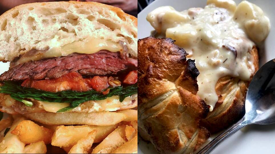 left: A Steak Sandwich with Fries    right: Clam Chowder in a Bread Bowl