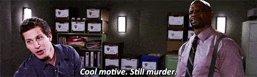 A man outside an interrogation room says "cool motive, still murder." to a suspect.