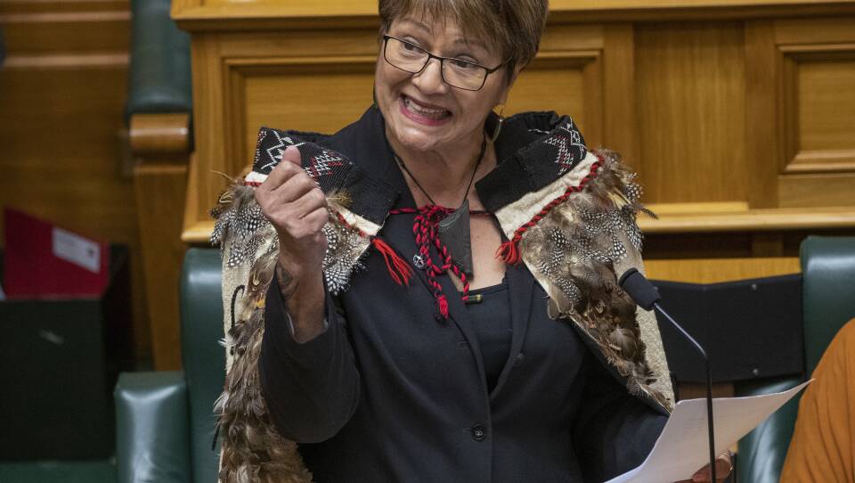 New Labour MP Soraya Peke-Mason gestures during her maiden speech at Parliament in Wellington, New Zealand, Tuesday, Oct. 25, 2022.