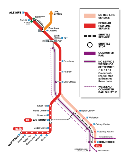 Red Line: No train service between JFK/UMass & Braintree, Sep 6–29, due to track work. Shuttle Buses are available between Braintree, Quincy Adams, Quincy Center, Wollaston, North Quincy, and Ashmont. Commuter Rail will be free to ride.