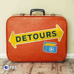 Detours Podcast Logo - A suitcase with stickers stuck to it with the word detours written on it.