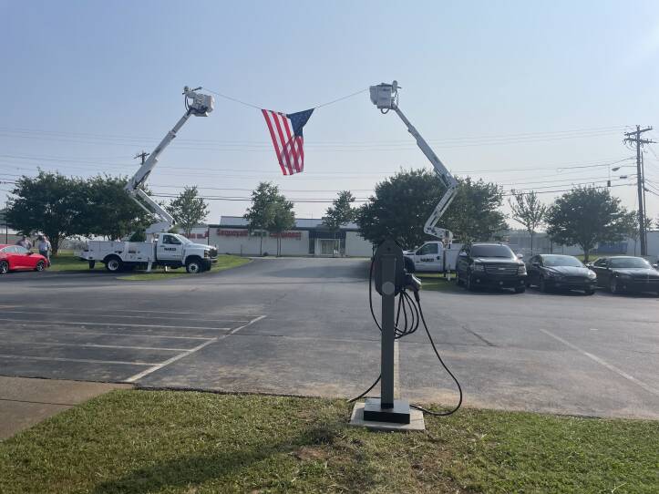 An electric vehicle charger stands in front of an International Brotherhood of Electrical Workers union hall and training center in Chattanooga, Tennessee.