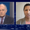Split screen between Greater Boston host Jim Braude and gubernatorial candidate Danielle Allen.