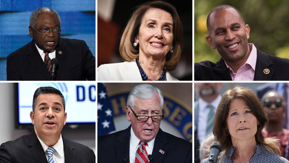 House Democratic Leadership Top row: House Majority Whip James Clyburn of South Carolina (left), Speaker Nancy Pelosi of California, Democratic Caucus Chairman Hakeem Jeffries of New York. Bottom row: Assistant House Majority Leader Ben Ray Lujan of New Mexico (left), Majority Leader Steny Hoyer of Maryland and Congressional Campaign Committee Chairwoman Cheri Bustos of Illinois.