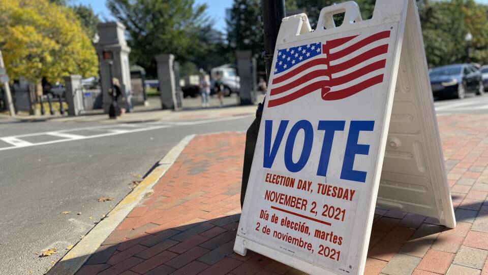 A white voting sign with 'VOTE' and an American flag sits at an street intersection with a yellow-leaved tree in the background