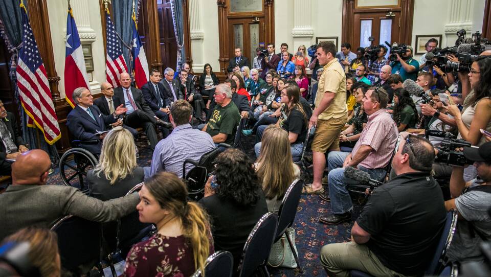 Texas Gov. Greg Abbott is laying out his plan to make schools safer on Wednesday. Here, Abbott hosts a recent roundtable discussion with victims, family, and friends affected by the Santa Fe, Texas, school shooting that killed at least 10 people earlier this month. People with ties to other recent mass shootings were also invited.