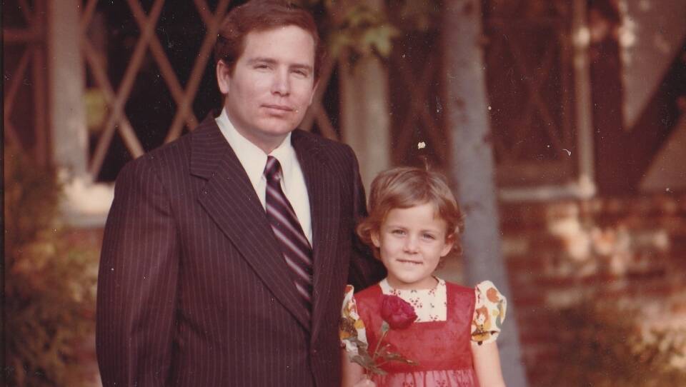 Stephanie Hofeller stands with her father, Thomas, for a family photo in California during the 1970s. Republicans fought to stop computer files found on the redistricting expert's hard drives from going public — now Stephanie is sharing them online.