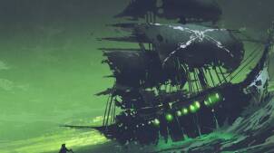 A night scene of ghost pirate ship in the sea with mysterious green light, Flying Dutchman, digital art style, illustration painting.