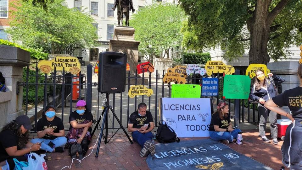 2021Supporters of drivers licenses for undocumented immigrants gathered in front of the State House Wednesday.0623_141243.jpg