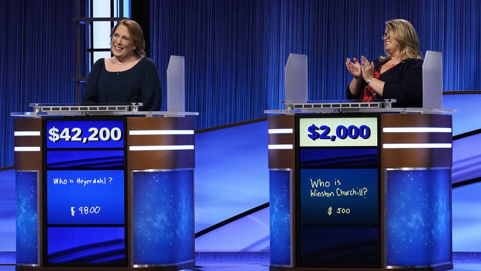 With her win Friday, Amy Schneider (left) became the first woman in Jeopardy! history to win more than $1 million.