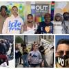 A photo collage of four images of students who spoke about gun violence: Clockwise from the top: Eight Boston Latin Academy students pose for the camera; A young man poses in front of the Washington Monument wearing a black mask that says 'vote' in white letters; a young woman holding a microphone at a rally; three people and a toddler in a stroller look at the camera, one of them holding a magenta sign that says 'protest kids, not guns!'