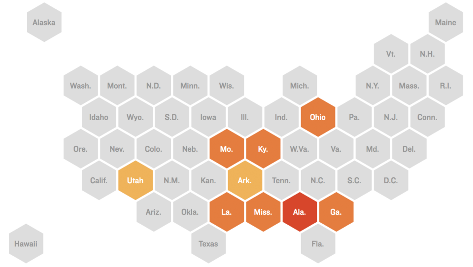 Map showing states (Alabama, Arkansas, Georgia, Louisiana, Mississippi, Missouri, Ohio, Utah) that have passed new laws in 2019 to tighten restrictions on abortion.