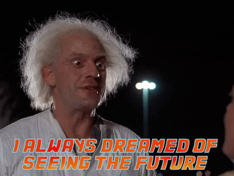 A man with crazy white hair says "I always dreamed of seeing the future"