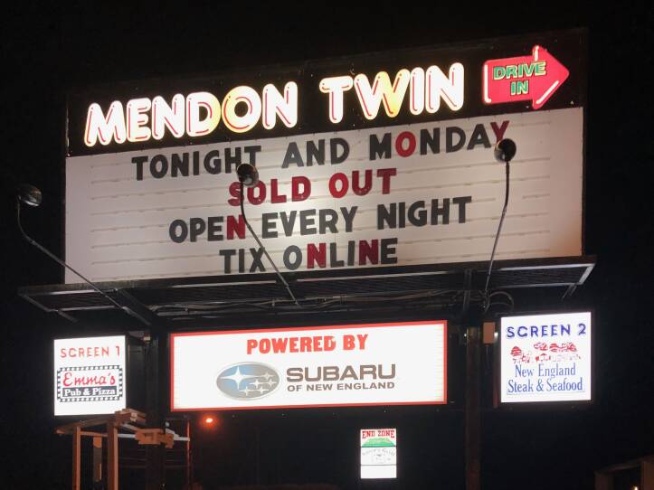 Sign for the Mendon Twin Drive In, with text saying that every show is sold out