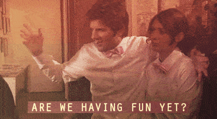 A man manically yells "are we having fun yet?"