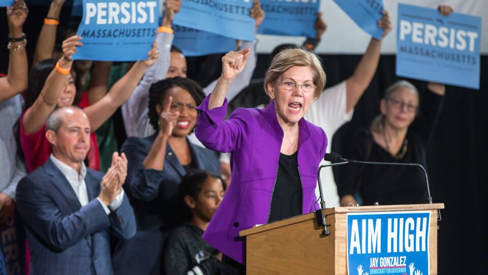 Sen. Elizabeth Warren speaks at a rally for Democratic gubernatorial candidate Jay Gonzalez, left, and congressional Democratic candidate Ayanna Pressley, second from the left.