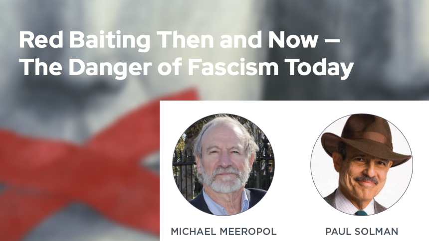 two white men are featured in front of a blurred image of a woman with red tape across her mouth. The first man has grey hair and beard, the second man wears a fedora and has a brown mustache.