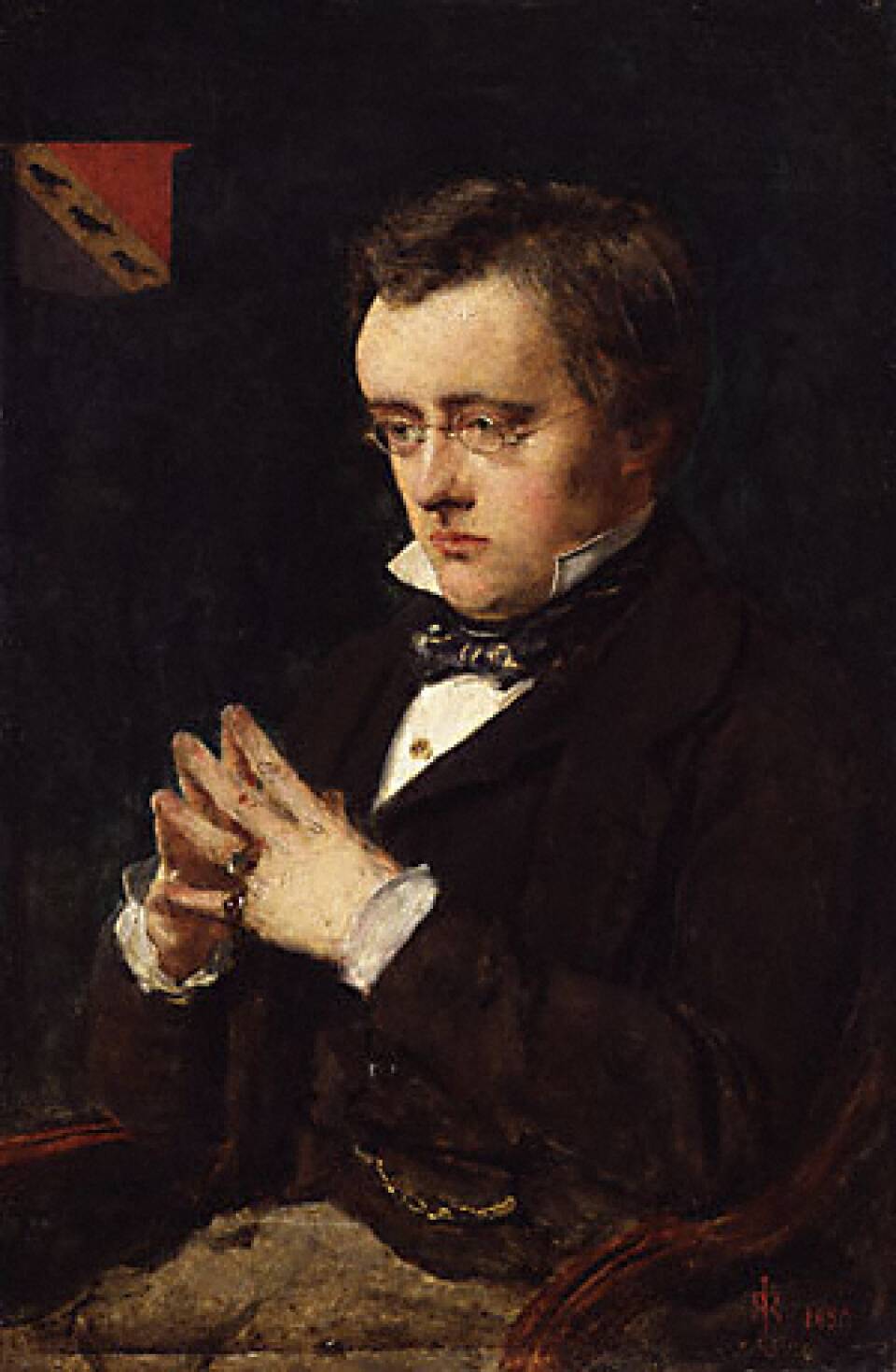 A painting of Wilkie Collins as a young man by John Everett Millais. He is clean shaven, in a suit, with his hands steepled in front of him.