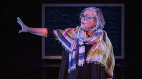 A woman standing in front of a chalkboard, mid-speech, gestures off to the side, bathed in stage lighting