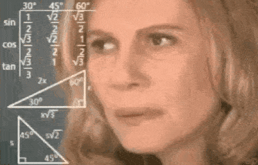 A woman stares in confusion as math diagrams float in front of her face