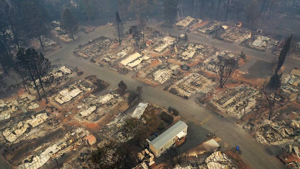 An aerial view of a neighborhood destroyed by the Camp Fire in Paradise, Calif. Fueled by high winds and low humidity, the wildfire ripped through the town, charring more than 140,000 acres and killing more than 60 people.